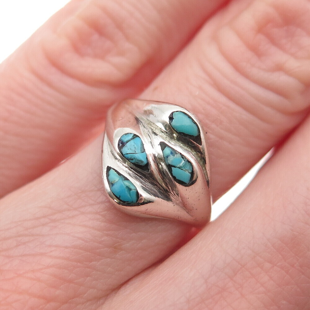 925 Sterling Silver Vintage Real Turquoise Inlay Modernist Oxidized Ring Size 6